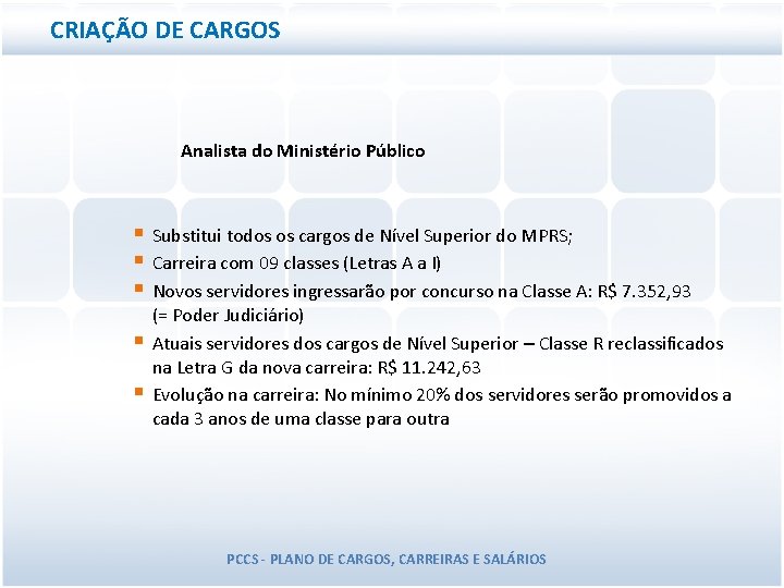 CRIAÇÃO DE CARGOS Analista do Ministério Público § § § Substitui todos os cargos CRIAÇÃO DE CARGOS Analista do Ministério Público § § § Substitui todos os cargos