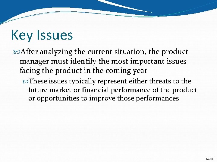 Key Issues After analyzing the current situation, the product manager must identify the most