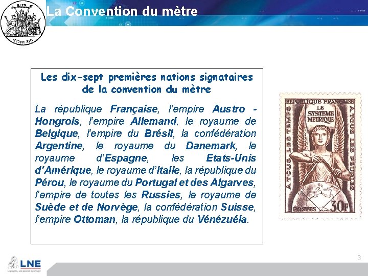 La Convention du mètre Les dix-sept premières nations signataires de la convention du mètre