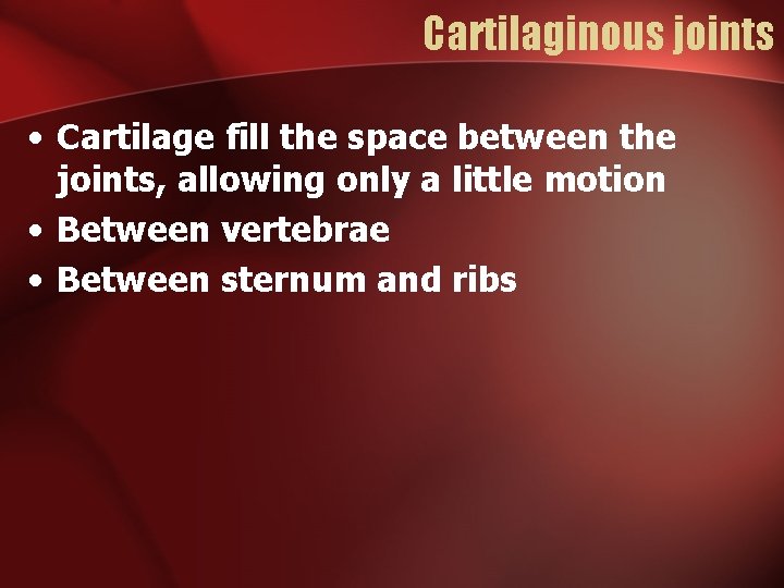 Cartilaginous joints • Cartilage fill the space between the joints, allowing only a little