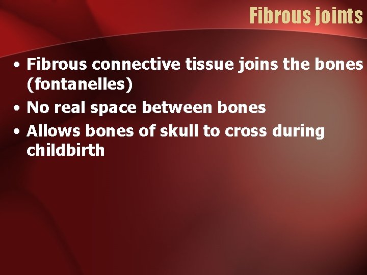 Fibrous joints • Fibrous connective tissue joins the bones (fontanelles) • No real space