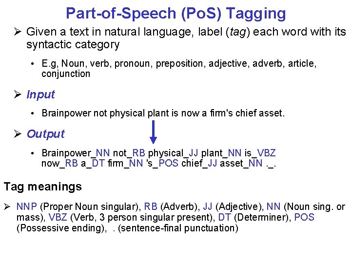 Part-of-Speech (Po. S) Tagging Given a text in natural language, label (tag) each word