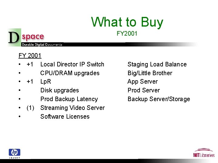 What to Buy FY 2001 • +1 Local Director IP Switch • CPU/DRAM upgrades