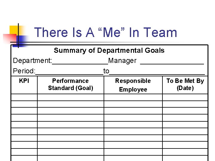 There Is A “Me” In Team Summary of Departmental Goals Department: _______Manager ________ Period:
