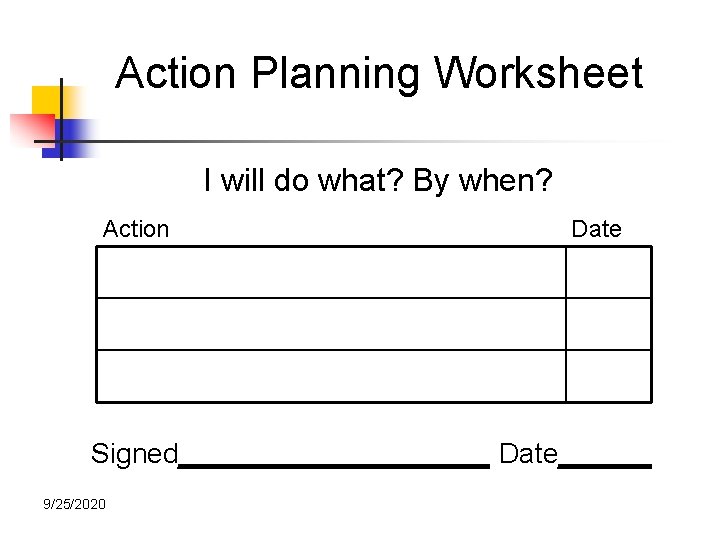 Action Planning Worksheet I will do what? By when? Action Date Signed__________ Date______ 9/25/2020