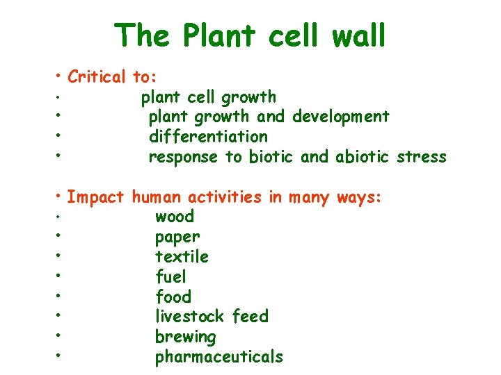 The Plant cell wall • Critical to: • plant cell growth • plant growth