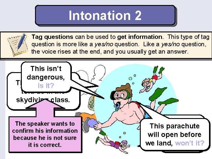 Intonation 2 Tag questions can be used to get information. This type of tag