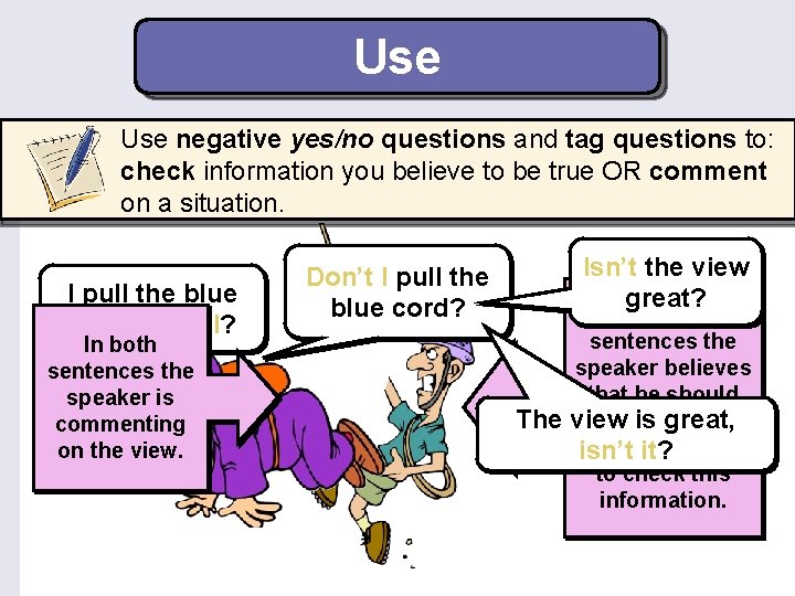 Use negative yes/no questions and tag questions to: check information you believe to be