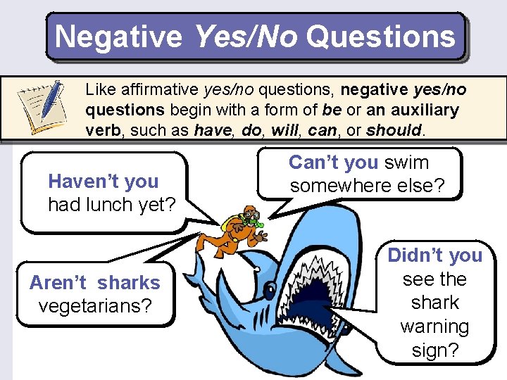 Negative Yes/No Questions Like affirmative yes/no questions, negative yes/no questions begin with a form