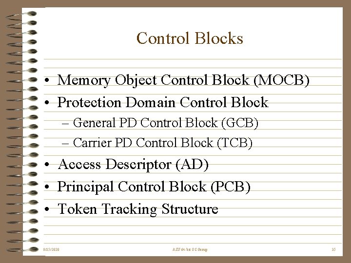 Control Blocks • Memory Object Control Block (MOCB) • Protection Domain Control Block –