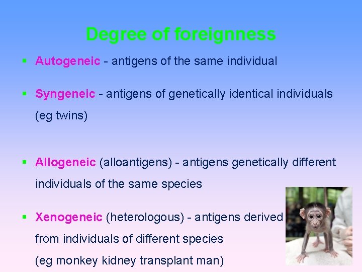 Degree of foreignness Autogeneic - antigens of the same individual Syngeneic - antigens of