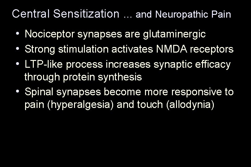 Central Sensitization … and Neuropathic Pain • Nociceptor synapses are glutaminergic • Strong stimulation