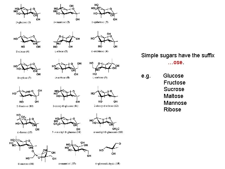 Simple sugars have the suffix …ose. e. g. Glucose Fructose Sucrose Maltose Mannose Ribose