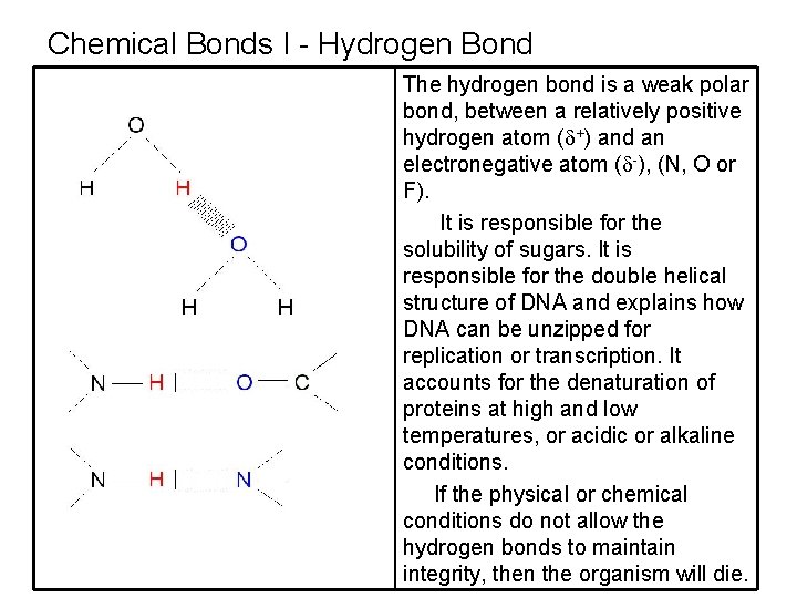 Chemical Bonds I - Hydrogen Bond The hydrogen bond is a weak polar bond,
