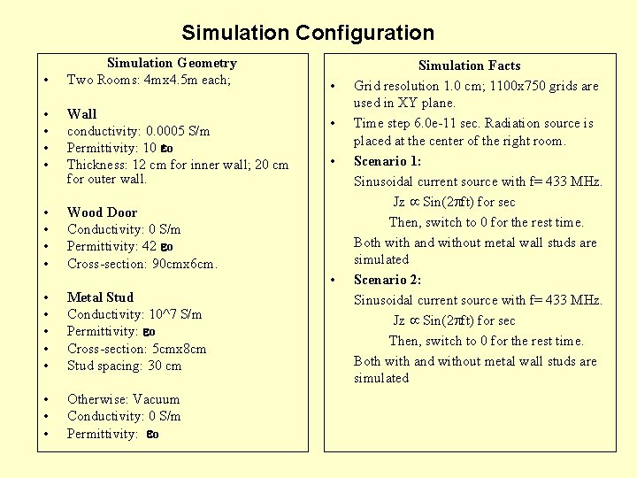 Simulation Configuration • Simulation Geometry Two Rooms: 4 mx 4. 5 m each; • Simulation Configuration • Simulation Geometry Two Rooms: 4 mx 4. 5 m each; •