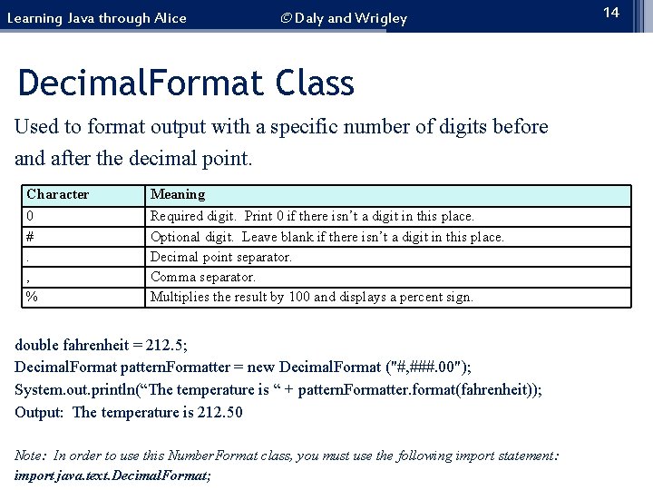 Learning Java through Alice © Daly and Wrigley Decimal. Format Class Used to format Learning Java through Alice © Daly and Wrigley Decimal. Format Class Used to format