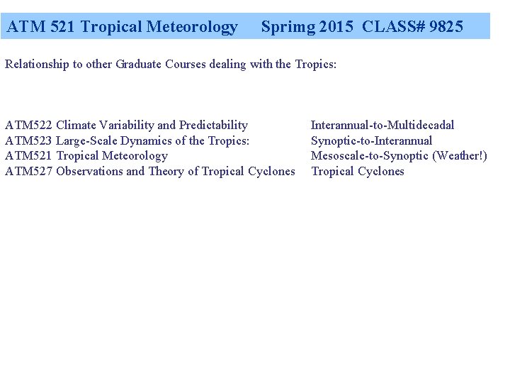 ATM 521 Tropical Meteorology Sprimg 2015 CLASS# 9825 Relationship to other Graduate Courses dealing