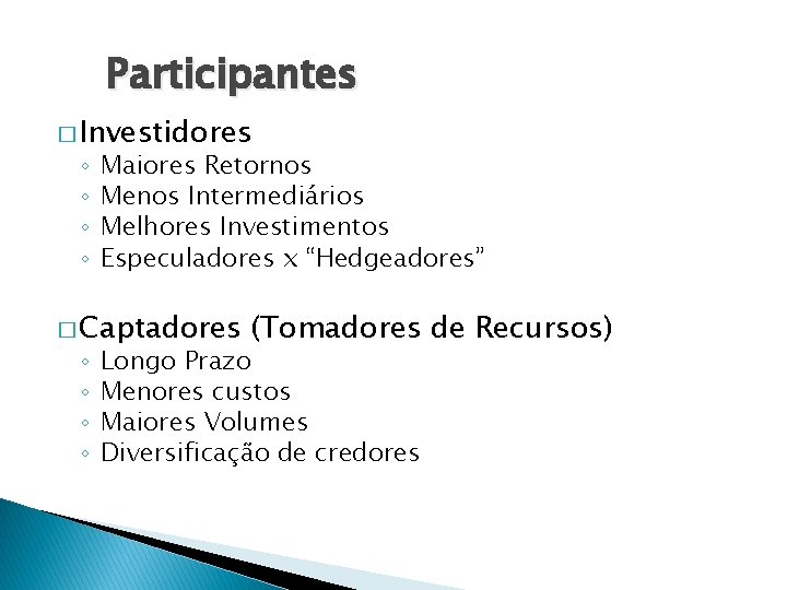 Participantes � Investidores ◦ ◦ Maiores Retornos Menos Intermediários Melhores Investimentos Especuladores x “Hedgeadores”