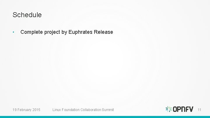 Schedule • Complete project by Euphrates Release 19 February 2015 Linux Foundation Collaboration Summit