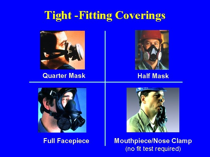 Tight -Fitting Coverings Quarter Mask Full Facepiece Half Mask Mouthpiece/Nose Clamp (no fit test Tight -Fitting Coverings Quarter Mask Full Facepiece Half Mask Mouthpiece/Nose Clamp (no fit test