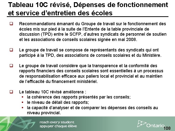 Tableau 10 C révisé, Dépenses de fonctionnement et service d’entretien des écoles q Recommandations