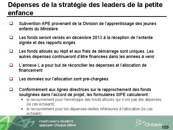 Dépenses de la stratégie des leaders de la petite enfance q Subvention APE provenant