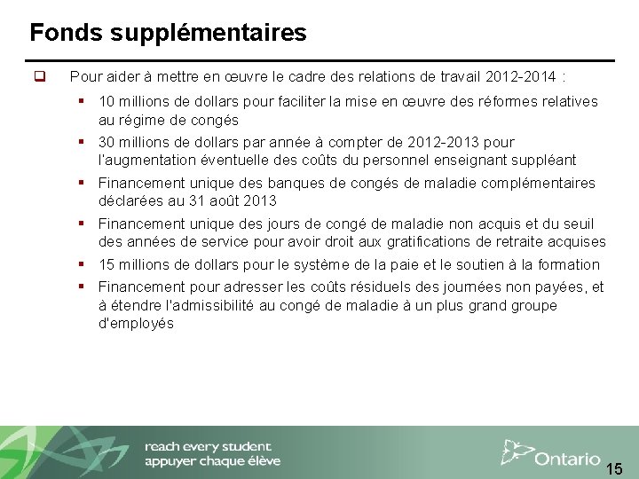 Fonds supplémentaires q Pour aider à mettre en œuvre le cadre des relations de