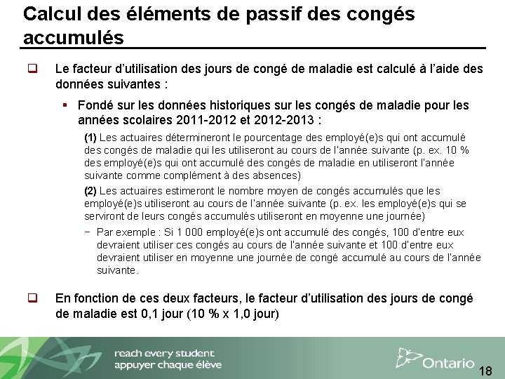 Calcul des éléments de passif des congés accumulés q Le facteur d’utilisation des jours