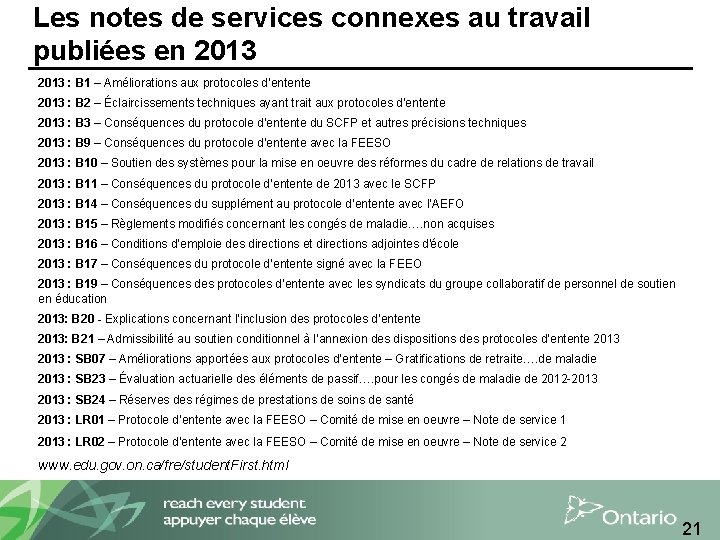 Les notes de services connexes au travail publiées en 2013 : B 1 –