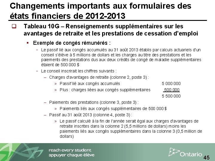 Changements importants aux formulaires des états financiers de 2012 -2013 q Tableau 10 G