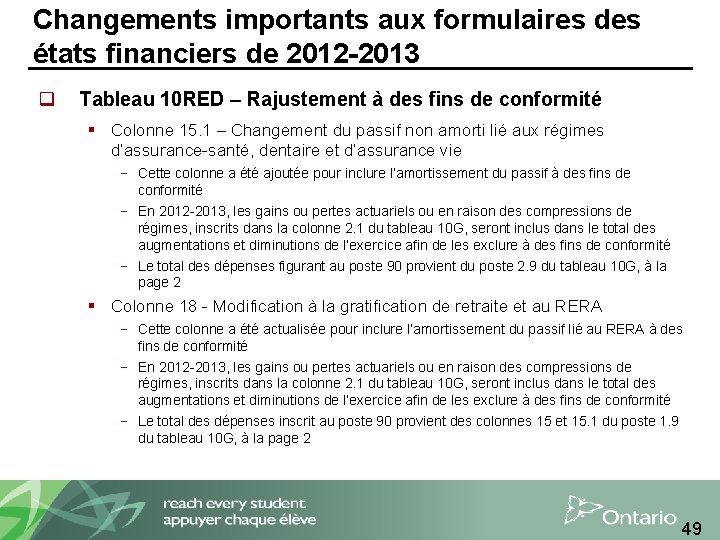 Changements importants aux formulaires des états financiers de 2012 -2013 q Tableau 10 RED