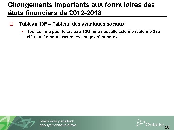 Changements importants aux formulaires des états financiers de 2012 -2013 q Tableau 10 F