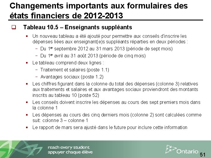 Changements importants aux formulaires des états financiers de 2012 -2013 q Tableau 10. 5