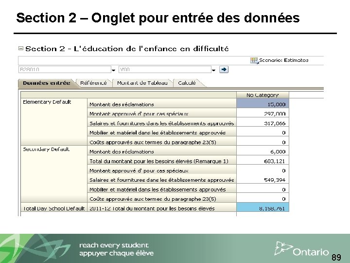 Section 2 – Onglet pour entrée des données 89 