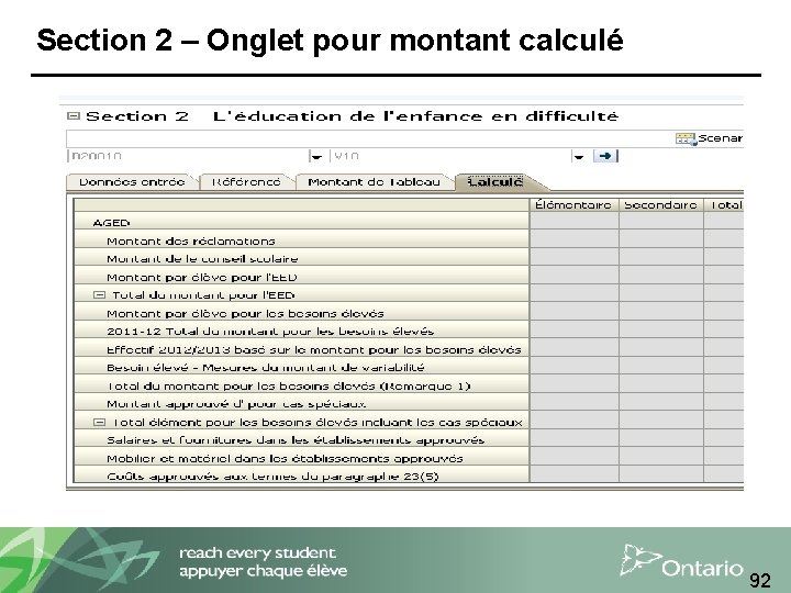 Section 2 – Onglet pour montant calculé 92 