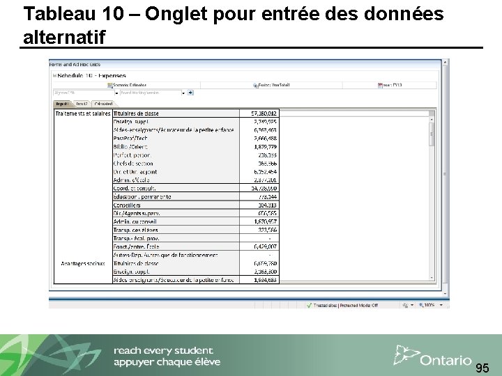 Tableau 10 – Onglet pour entrée des données alternatif 95 