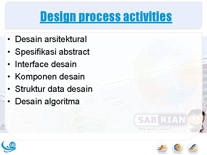 Design process activities • • • Desain arsitektural Spesifikasi abstract Interface desain Komponen desain