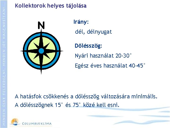 Kollektorok helyes tájolása Irány: dél, délnyugat Dőlésszög: Nyári használat 20 -30° Egész éves használat