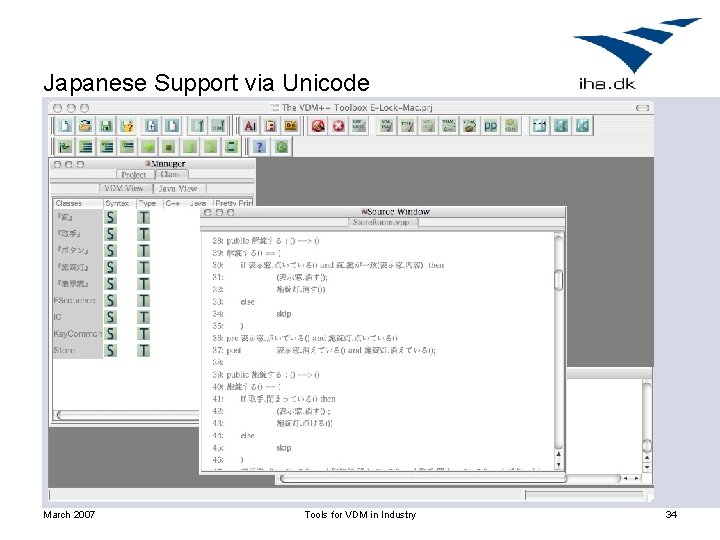 Japanese Support via Unicode March 2007 Tools for VDM in Industry 34 