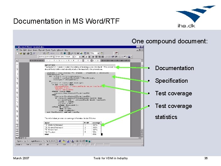 Documentation in MS Word/RTF One compound document: • Documentation • Specification • Test coverage