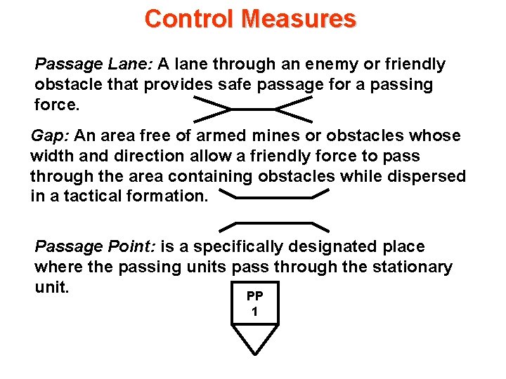 Control Measures Passage Lane: A lane through an enemy or friendly obstacle that provides