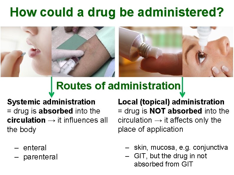 How could a drug be administered? Routes of administration Systemic administration = drug is