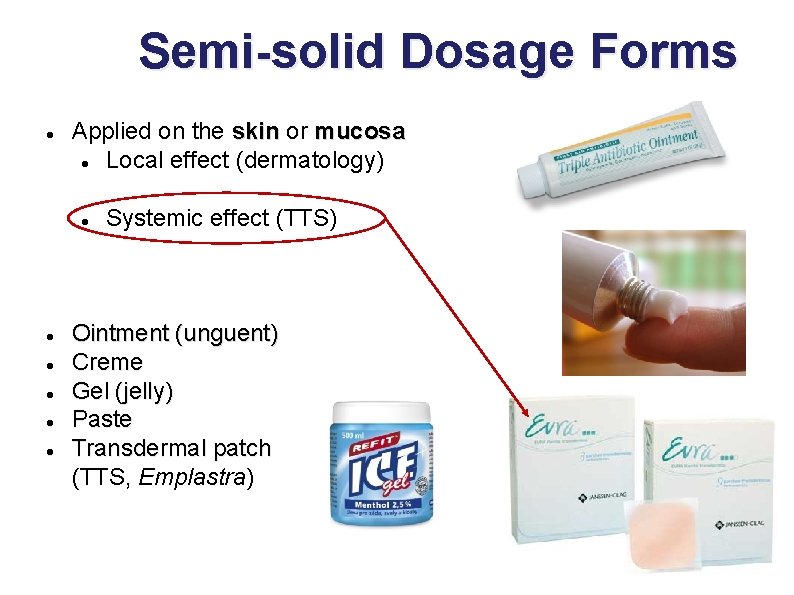 Semi-solid Dosage Forms Applied on the skin or skin mucosa Local effect (dermatology) Systemic