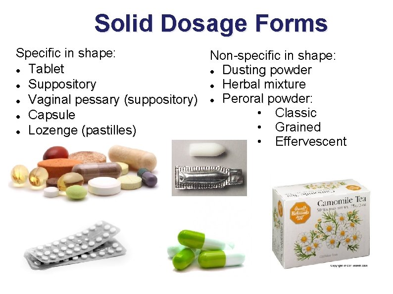 Solid Dosage Forms Specific in shape: Non-specific in shape: Tablet Dusting powder Suppository Herbal