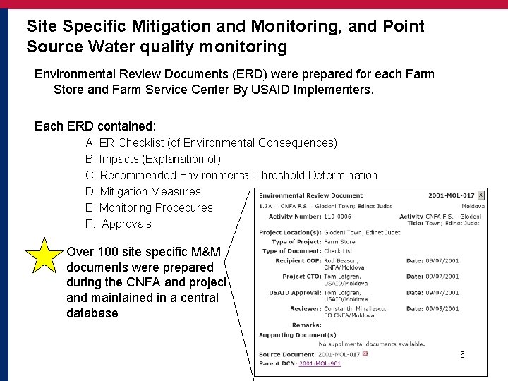 Site Specific Mitigation and Monitoring, and Point Source Water quality monitoring Environmental Review Documents