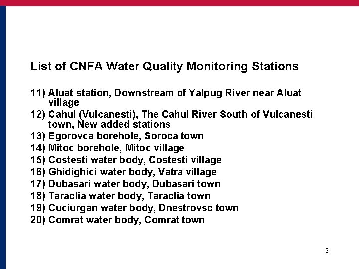 List of CNFA Water Quality Monitoring Stations 11) Aluat station, Downstream of Yalpug River