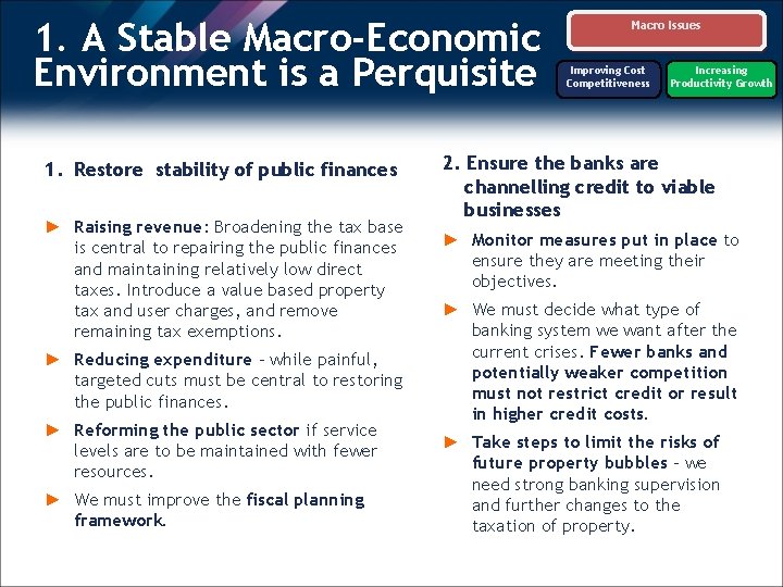1. A Stable Macro-Economic Environment is a Perquisite 1. Restore stability of public finances