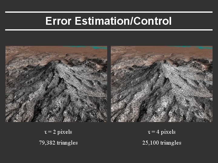 Error Estimation/Control τ = 2 pixels τ = 4 pixels 79, 382 triangles 25,