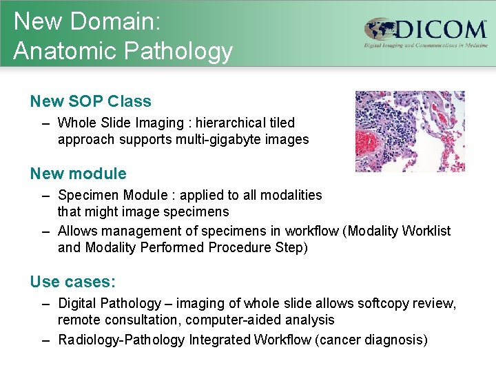 New Domain: Anatomic Pathology New SOP Class – Whole Slide Imaging : hierarchical tiled