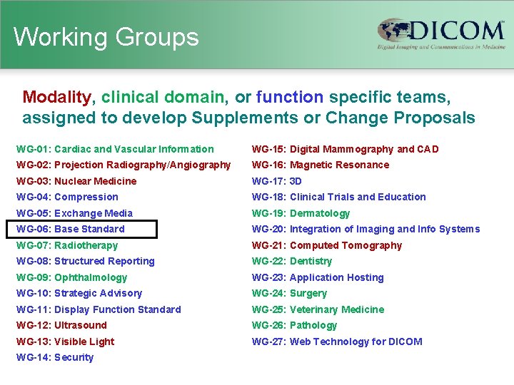 Working Groups Modality, clinical domain, or function specific teams, assigned to develop Supplements or